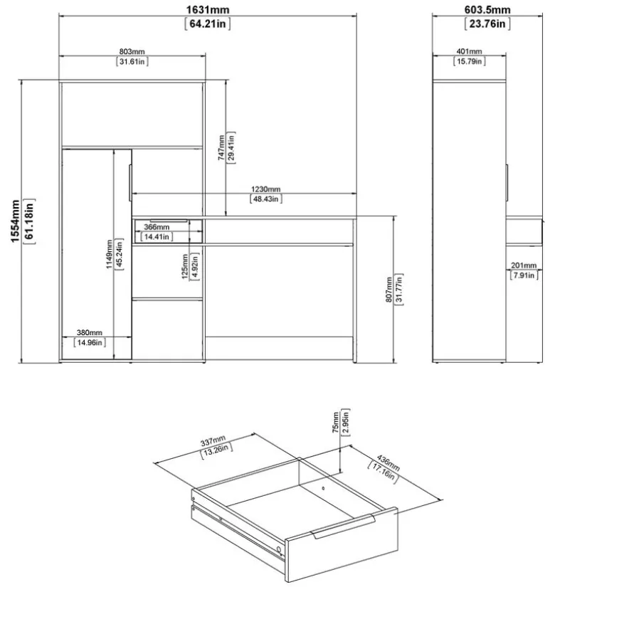 Bureau Boston Eiken / Wit - 163x156x61 cm