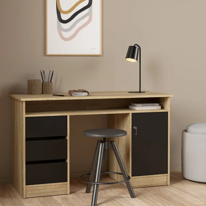 Bureau Boston Eiken / Zwart - 126x76x55 cm