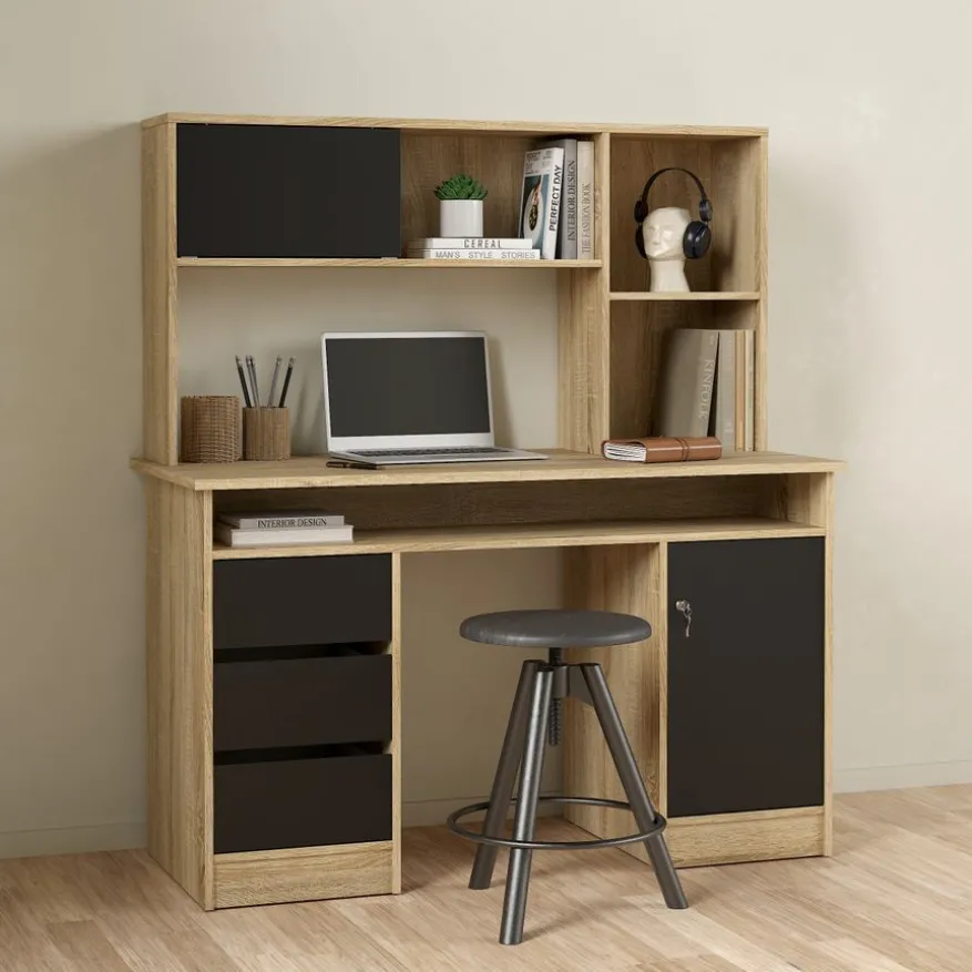 Bureau Boston Eiken / Zwart - 126x76x55 cm
