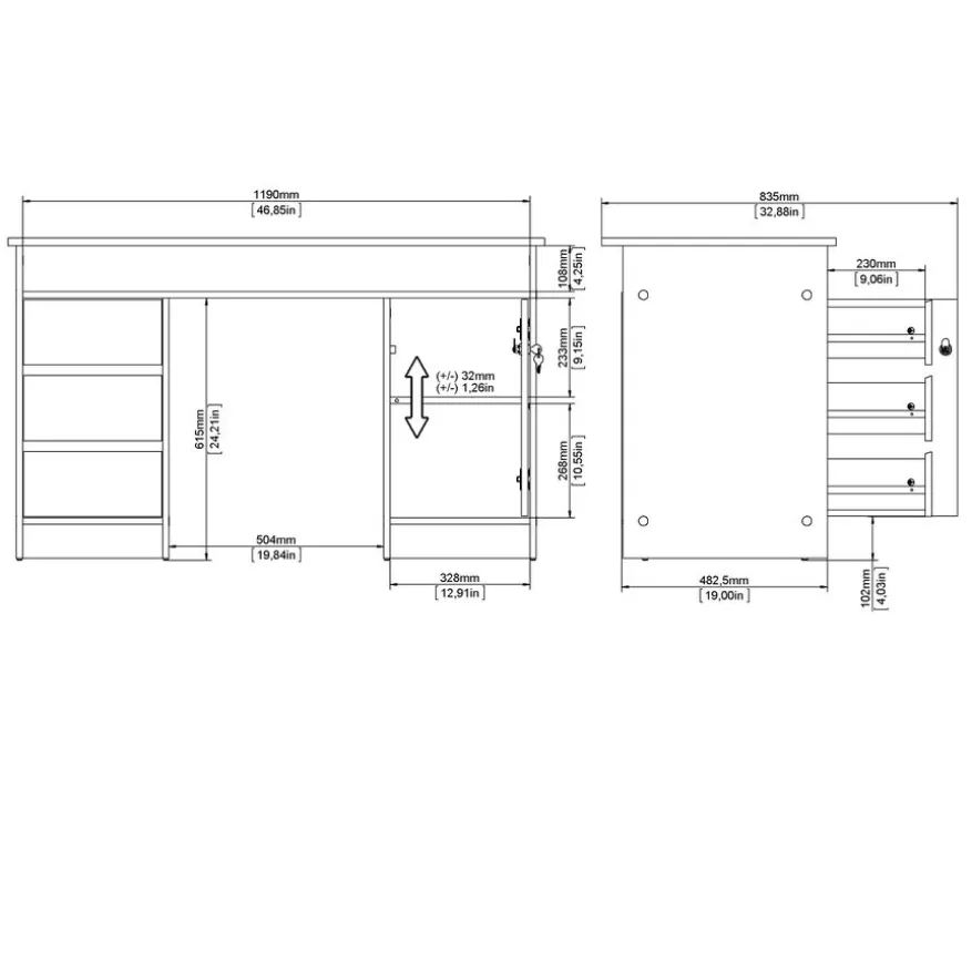 Bureau Boston Eiken / Zwart - 126x76x55 cm