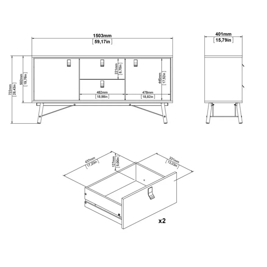 Dressoir Denver Zwart / Walnoot - 150x72x40 cm