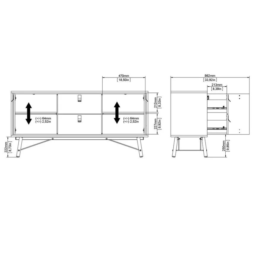 Dressoir Denver Zwart / Walnoot - 150x72x40 cm