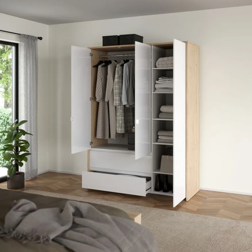Kledingkast Atlanta Eiken / Hoogglans Wit - 149x202x58 cm
