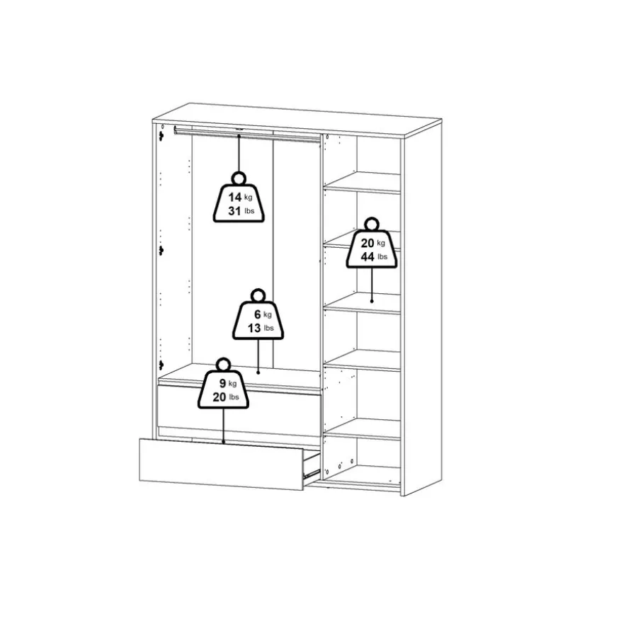 Kledingkast Atlanta Eiken / Hoogglans Wit - 149x202x58 cm