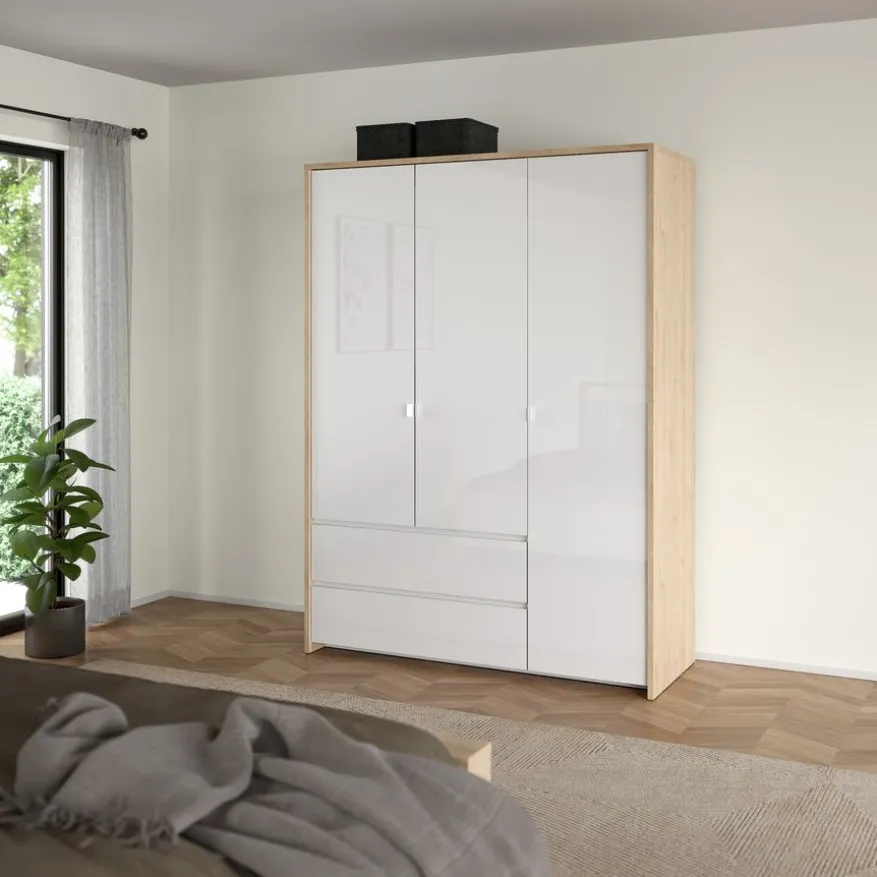Kledingkast Atlanta Eiken / Hoogglans Wit - 149x202x58 cm