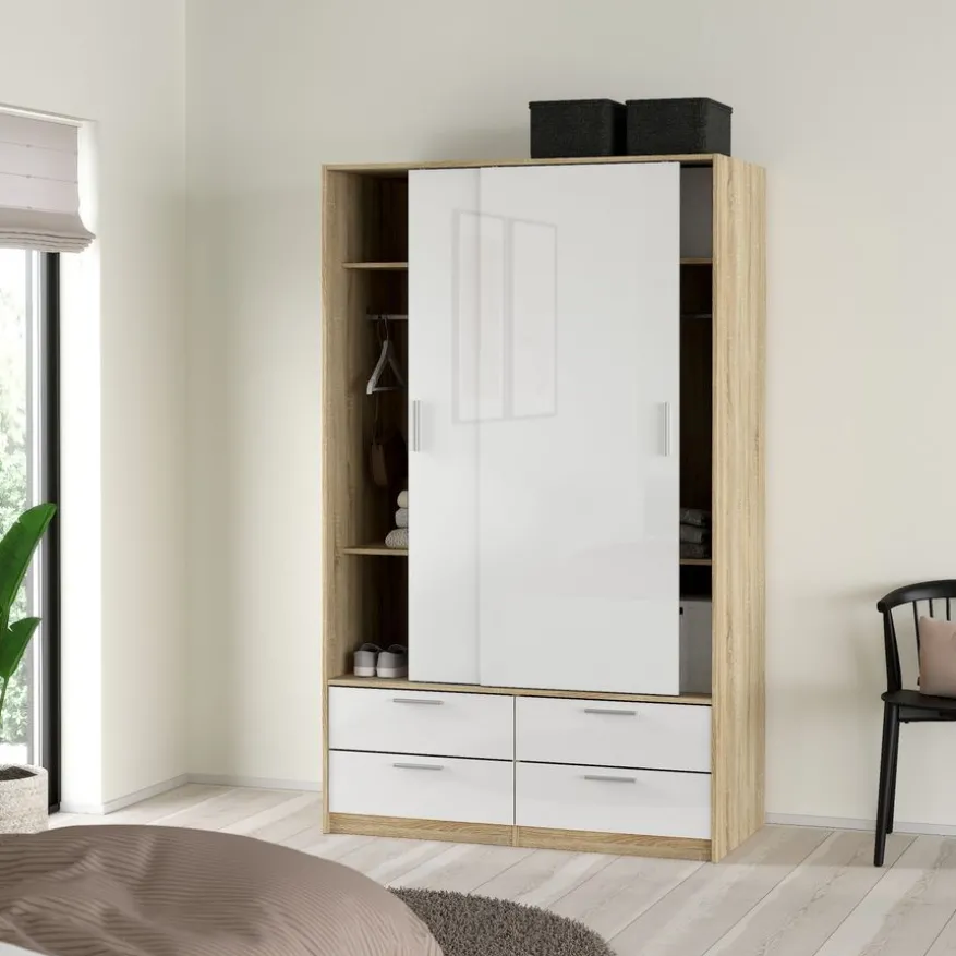 Kledingkast Jasper Eiken / Hoogglans Wit - 121x200x60 cm