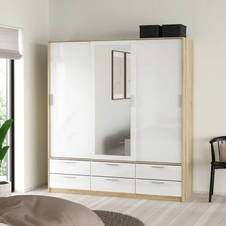Kledingkast Jasper Eiken / Hoogglans Wit - 182x200x60 cm