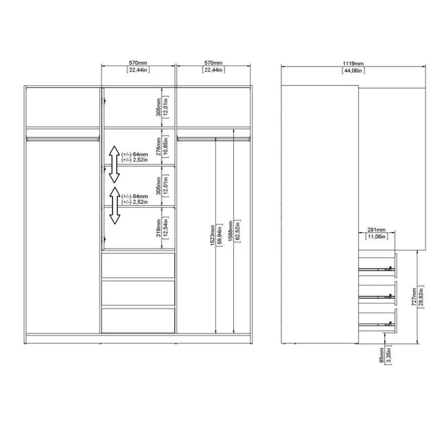 Kledingkast Luna Hoogglans Wit - 177x201x60 cm