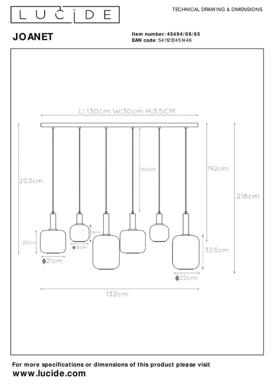 Lucide Hanglamp Joanet Zwart - 6 x E27 - 132 cm breed