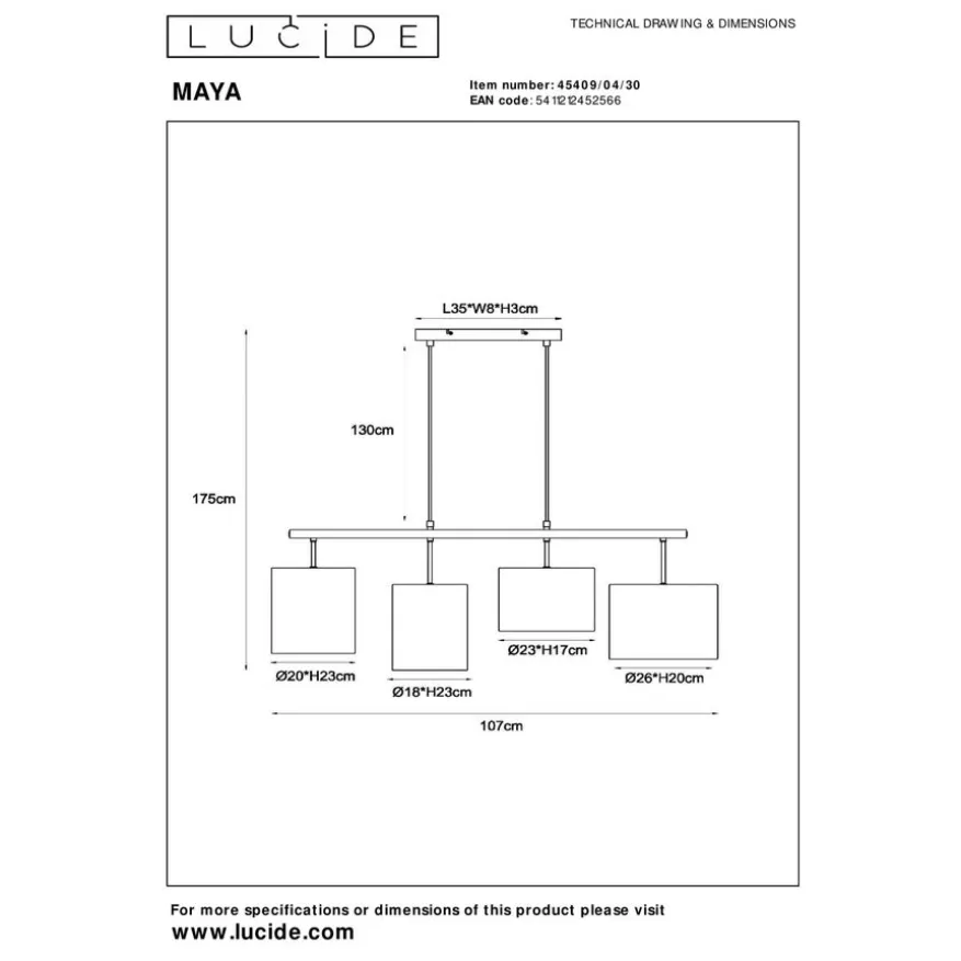 Lucide Hanglamp Maya Zwart - 4 x E27 - 107 cm breed