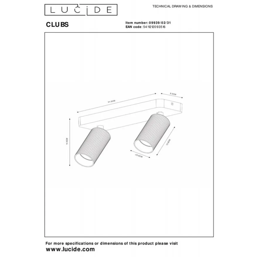 Lucide Plafondspot Clubs Wit - 2 x GU10 - 31x9 cm