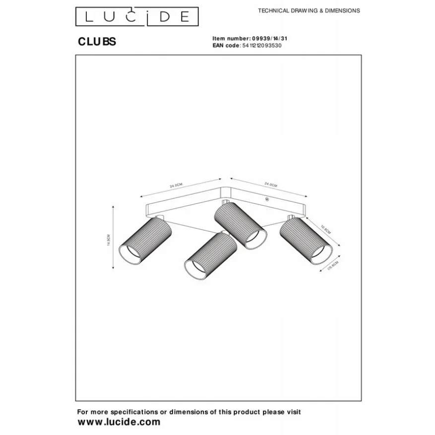 Lucide Plafondspot Clubs Wit - 4 x GU10 - 24x24 cm