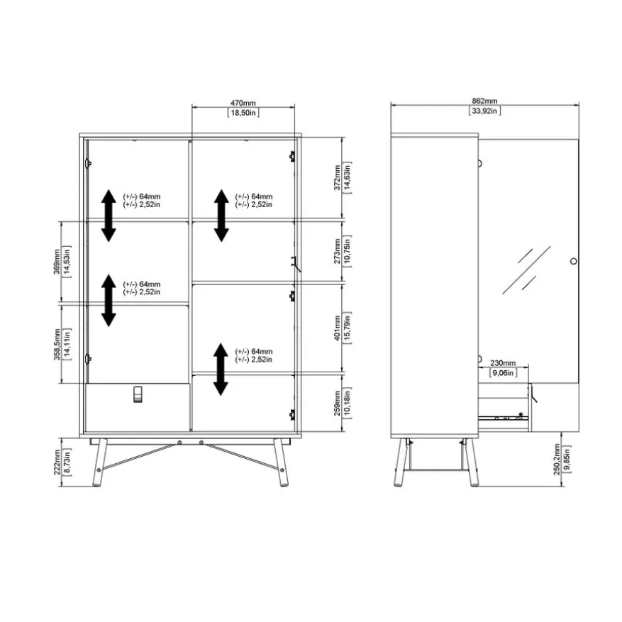 Vitrinekast Denver Zwart / Walnoot - 102x162x40 cm