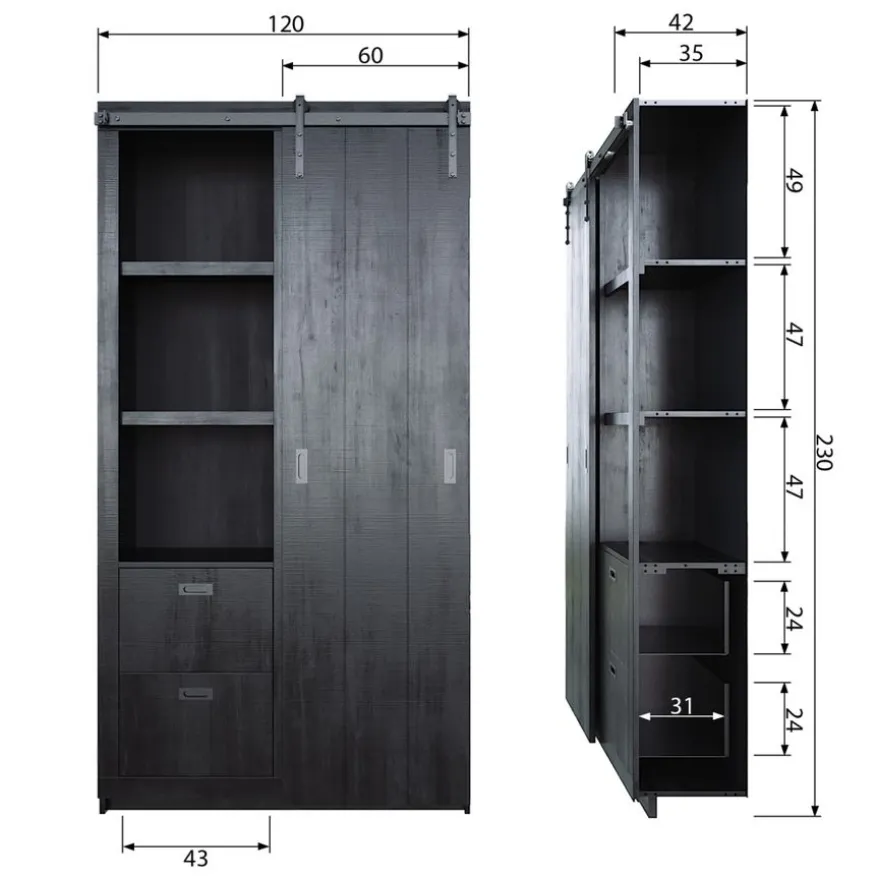 vtwonen Wandkast Barn Zwart - 122x230x37 cm