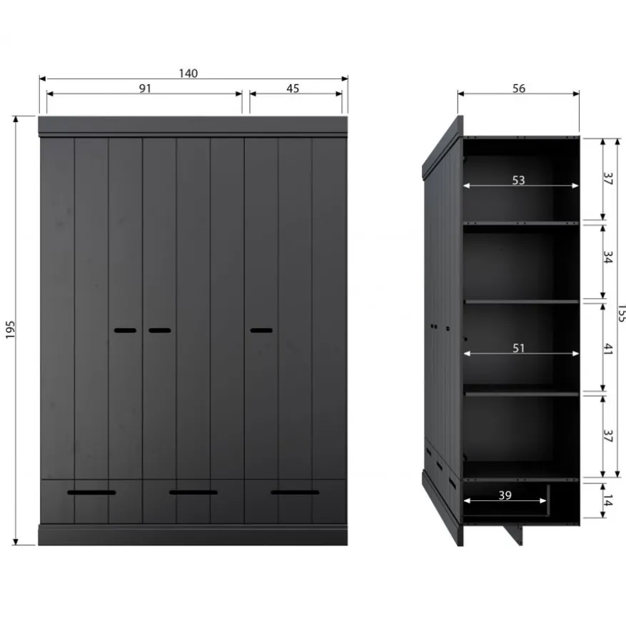 WOOOD Kledingkast Connect Zwart - 140x195x53 cm