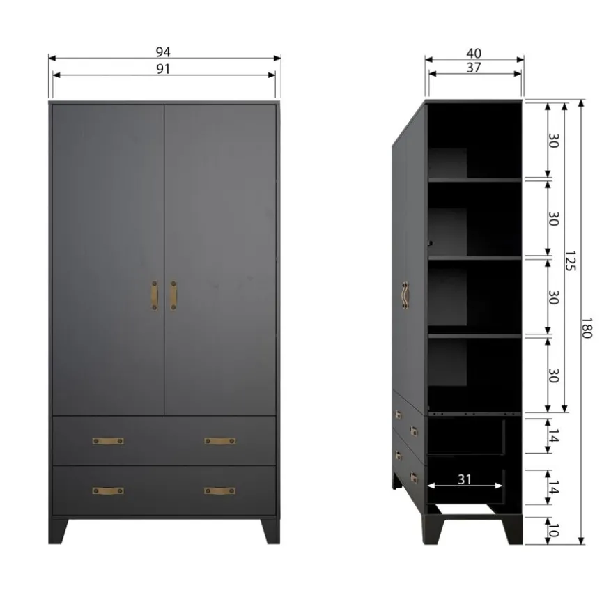 WOOOD Kledingkast Dian Zwart - 94x180x40 cm