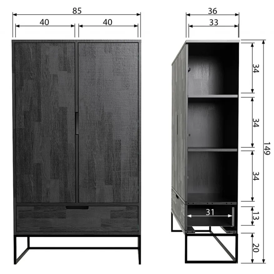 WOOOD Wandkast Silas Zwart - 85x149x36 cm
